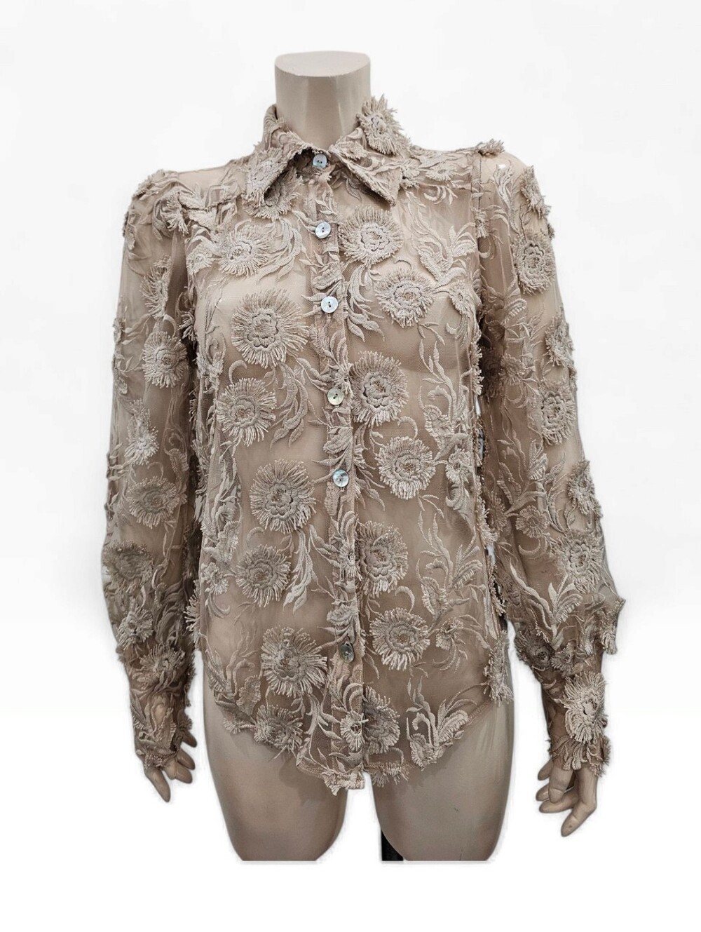 EVA FRANCO 3D Floral Semi Sheer Taupe Button Front Collared Blouse XS